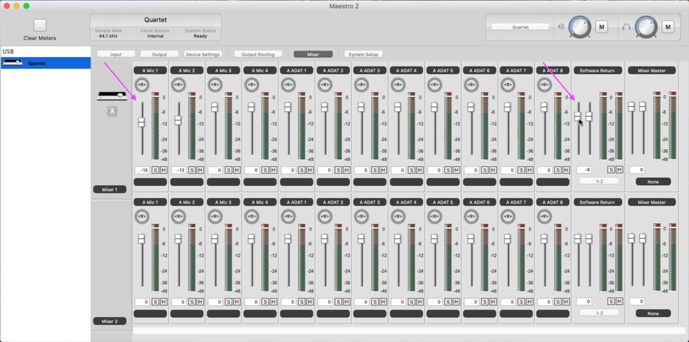 How do I use the low latency mixer in Maestro 2 with Apogee USB interfaces?